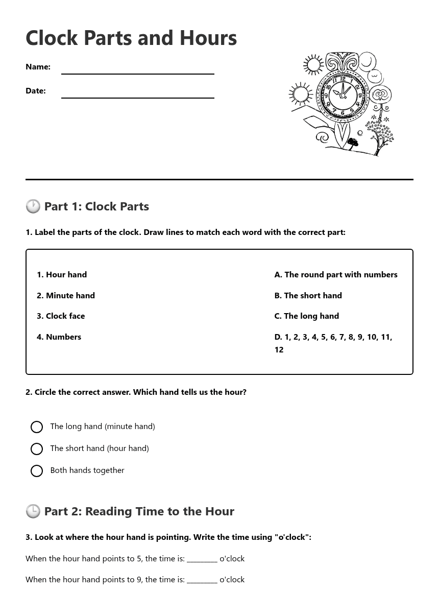 Clock Parts and Hours worksheet preview