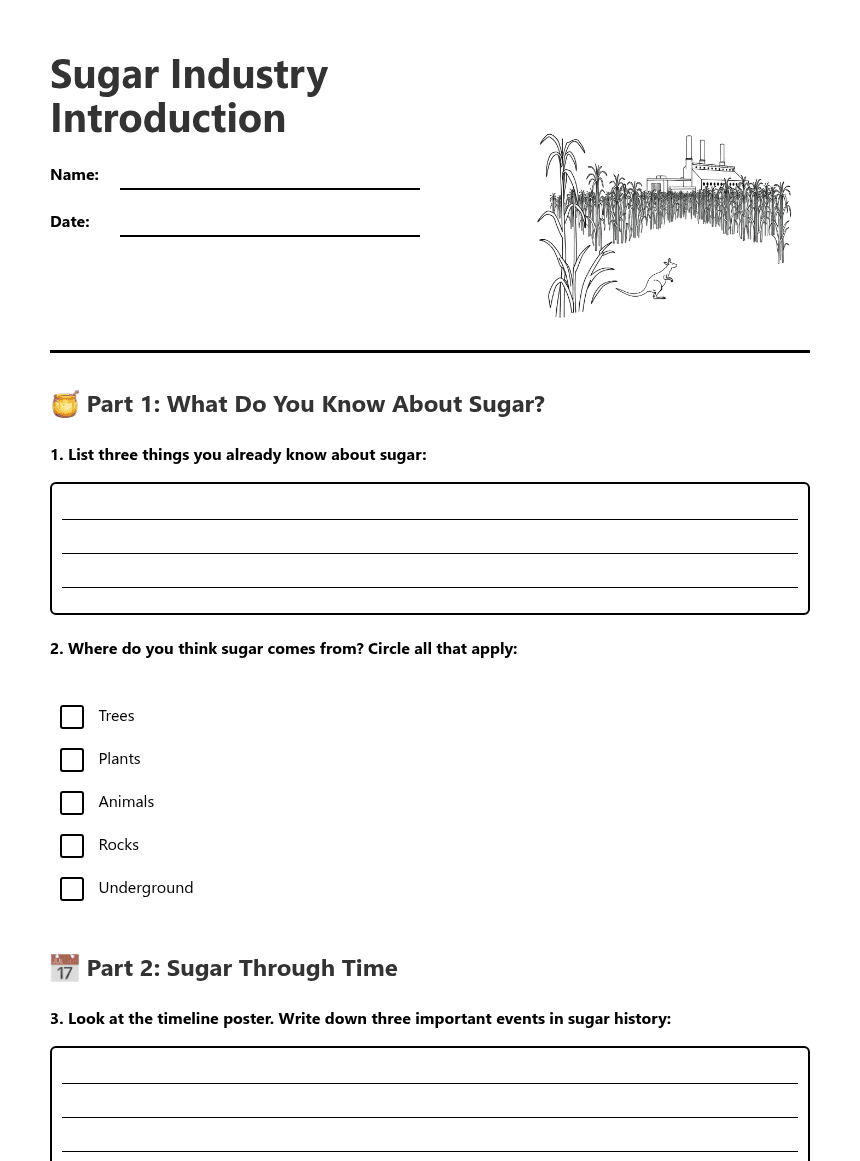 Sugar Industry Introduction worksheet preview