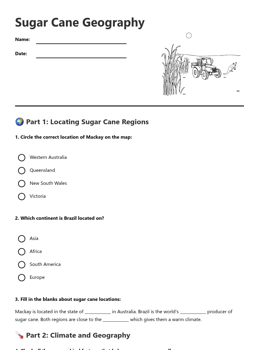 Sugar Cane Geography worksheet preview