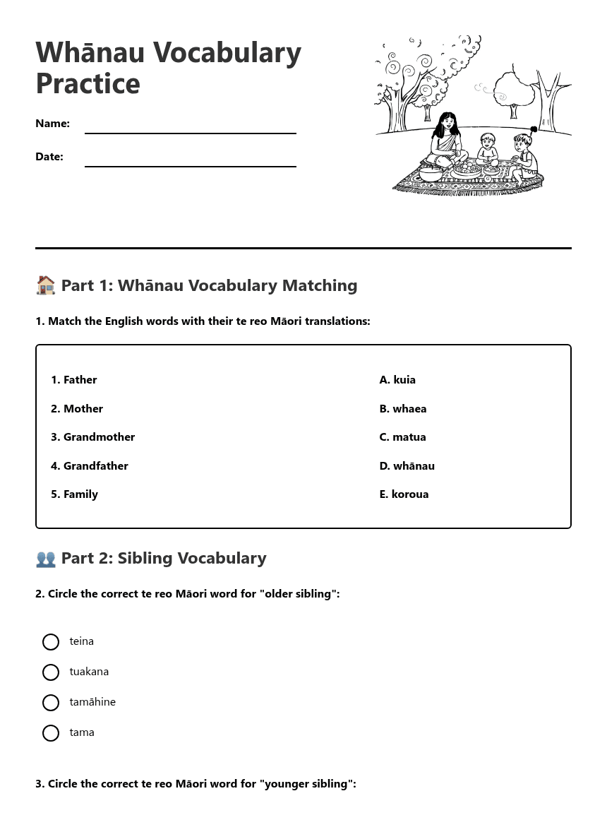 Whānau Vocabulary Practice worksheet preview