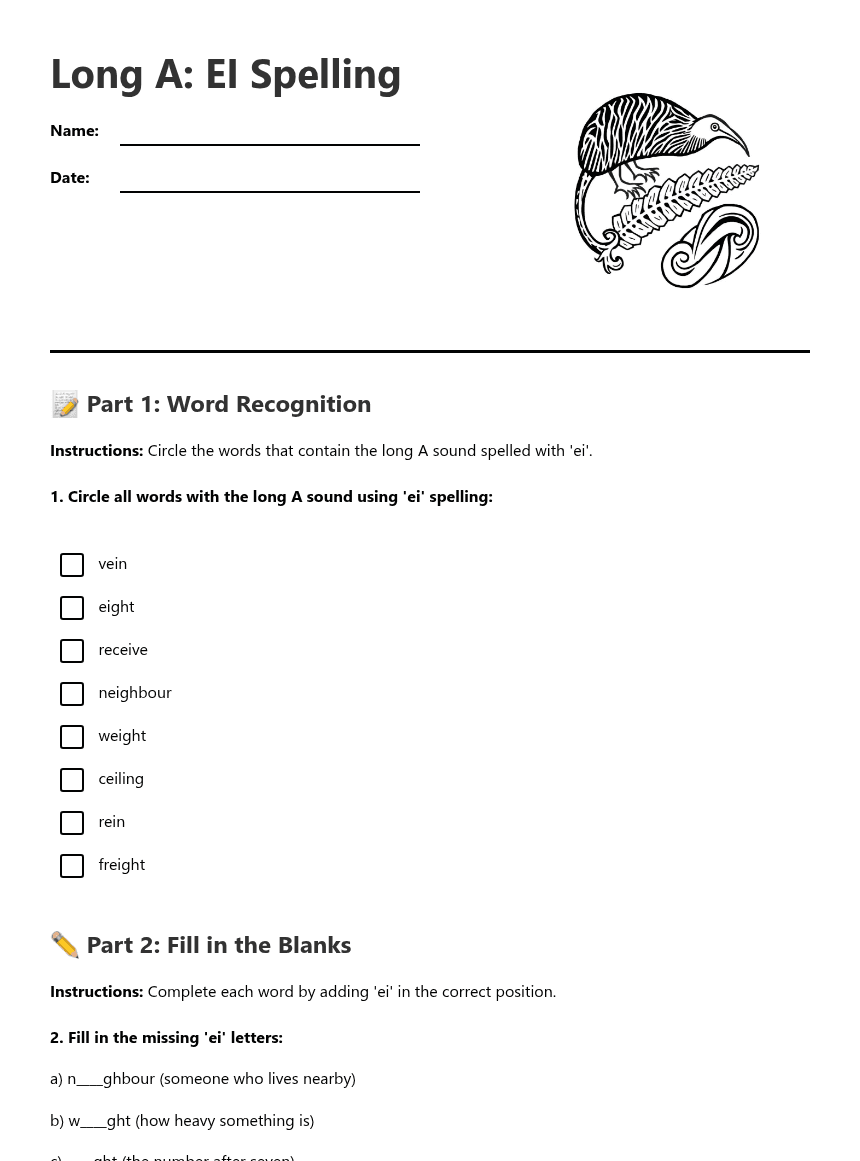 Long A: EI Spelling worksheet preview
