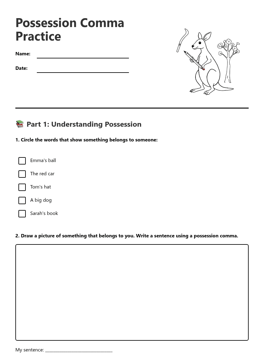 Possession Comma Practice worksheet preview