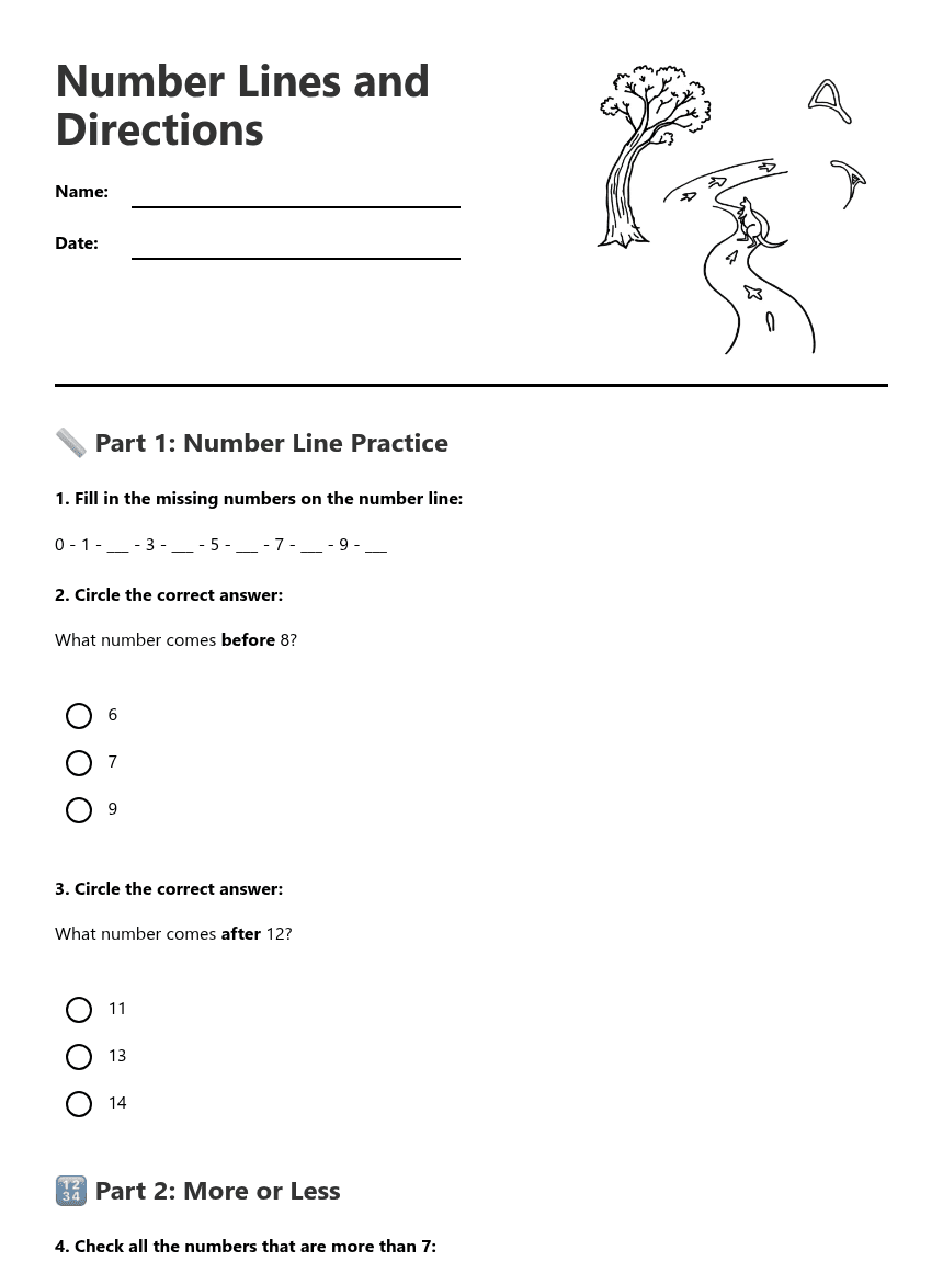Number Lines and Directions worksheet preview