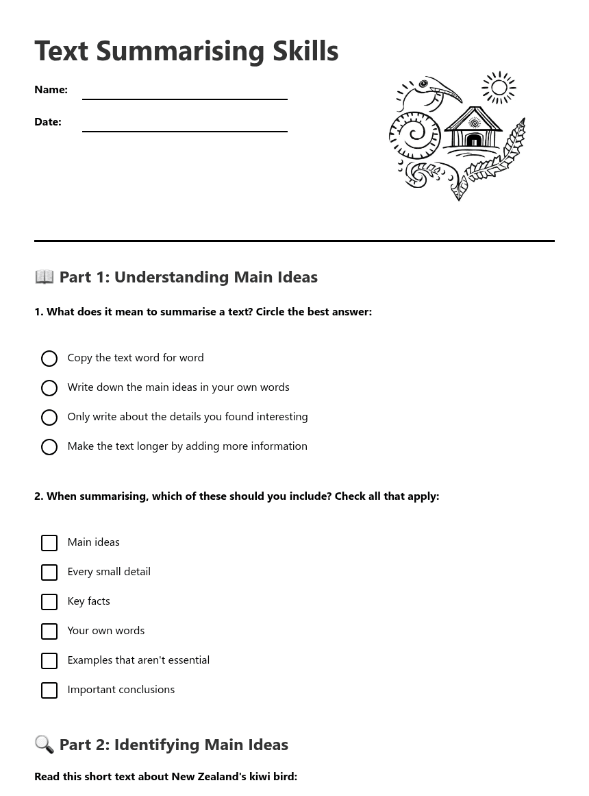 Text Summarising Skills worksheet preview