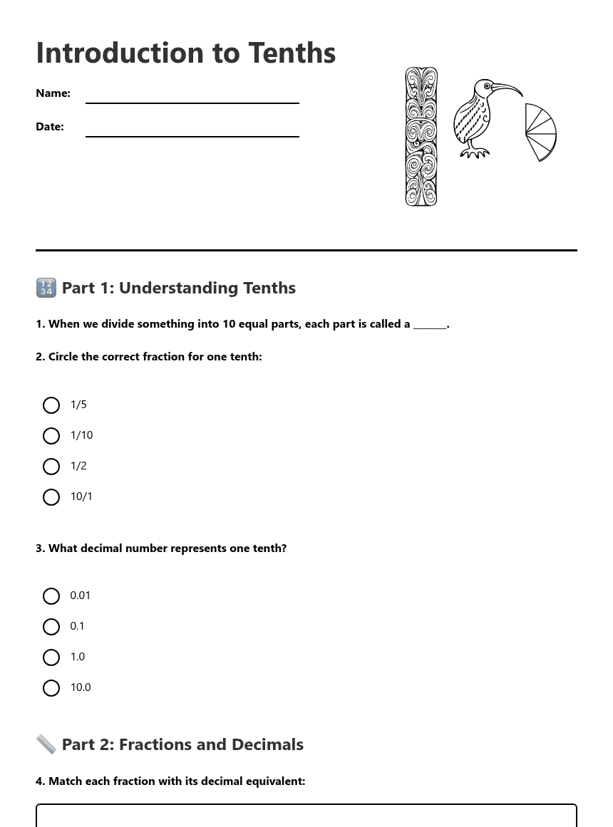 Introduction to Tenths worksheet preview