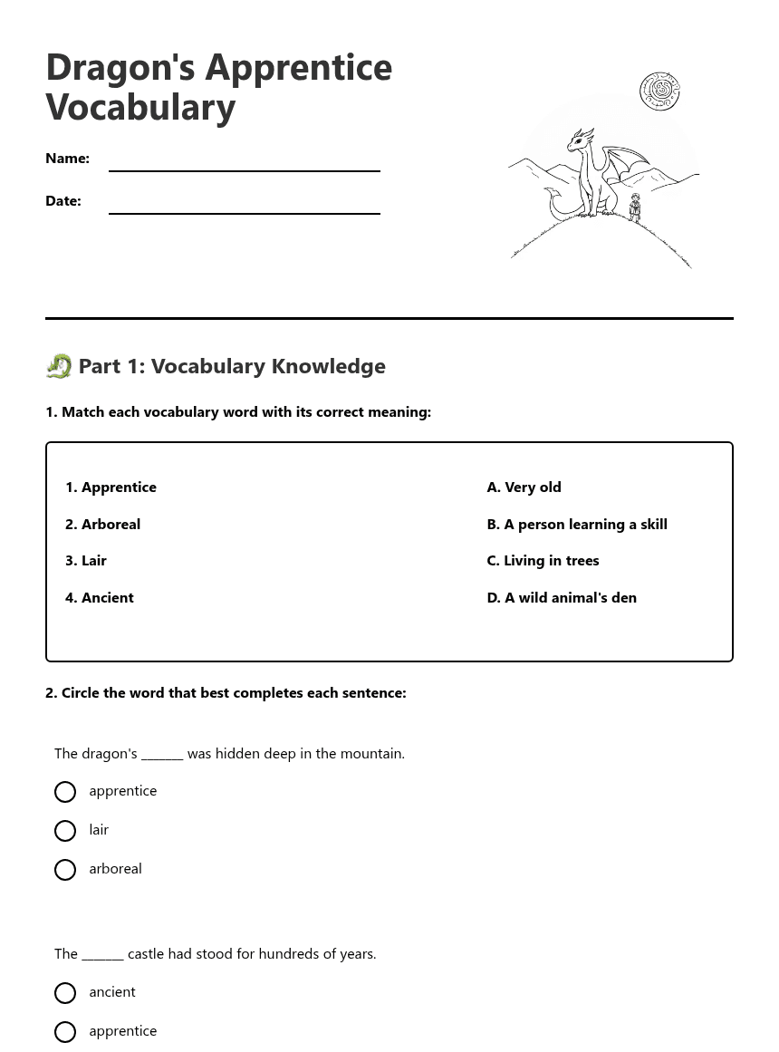 Dragon's Apprentice Vocabulary worksheet preview