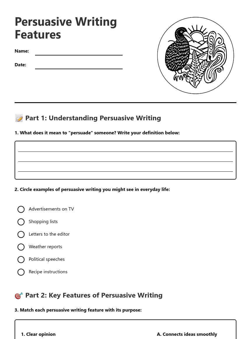 Persuasive Writing Features worksheet preview
