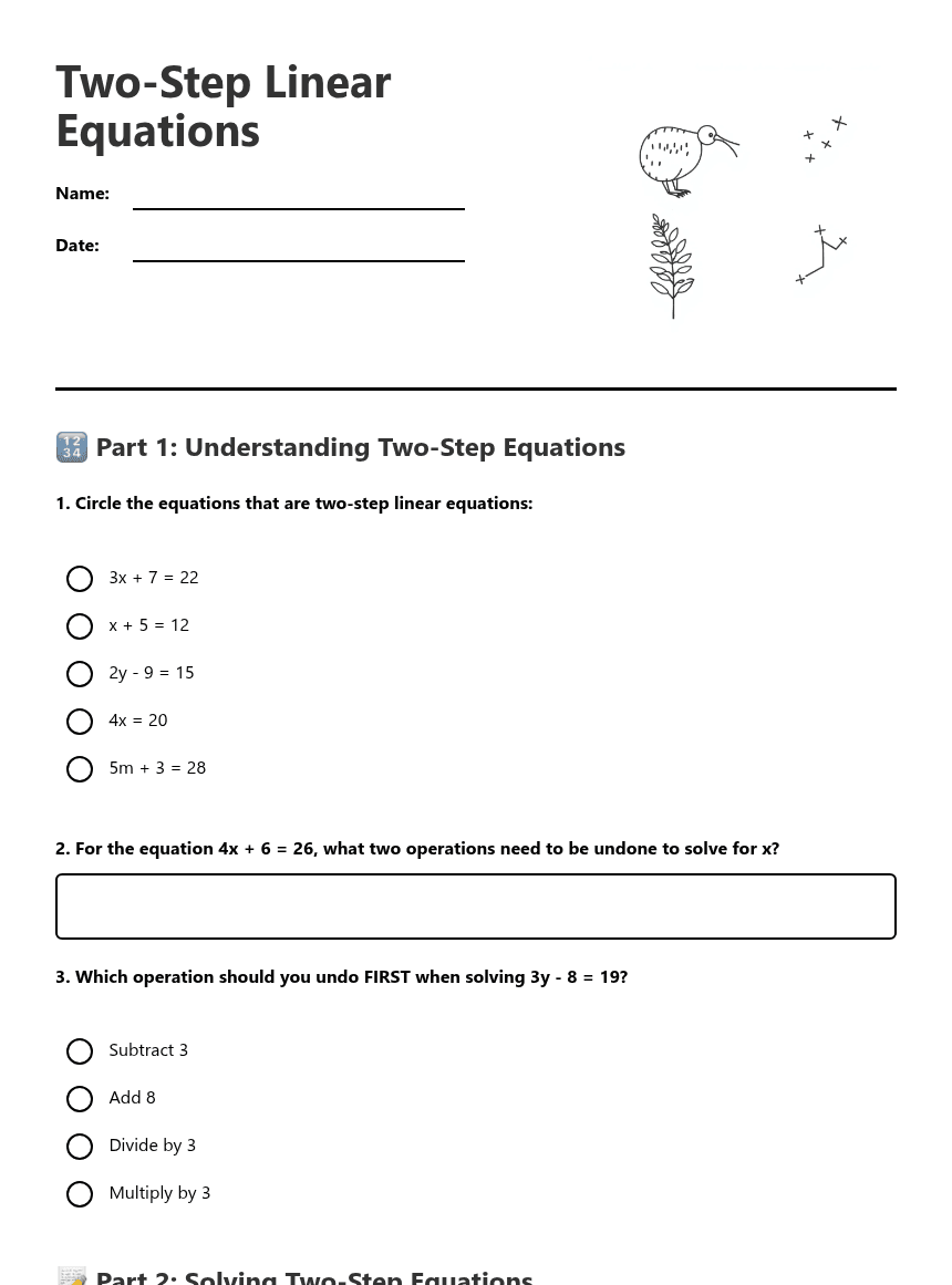 Two-Step Linear Equations worksheet preview