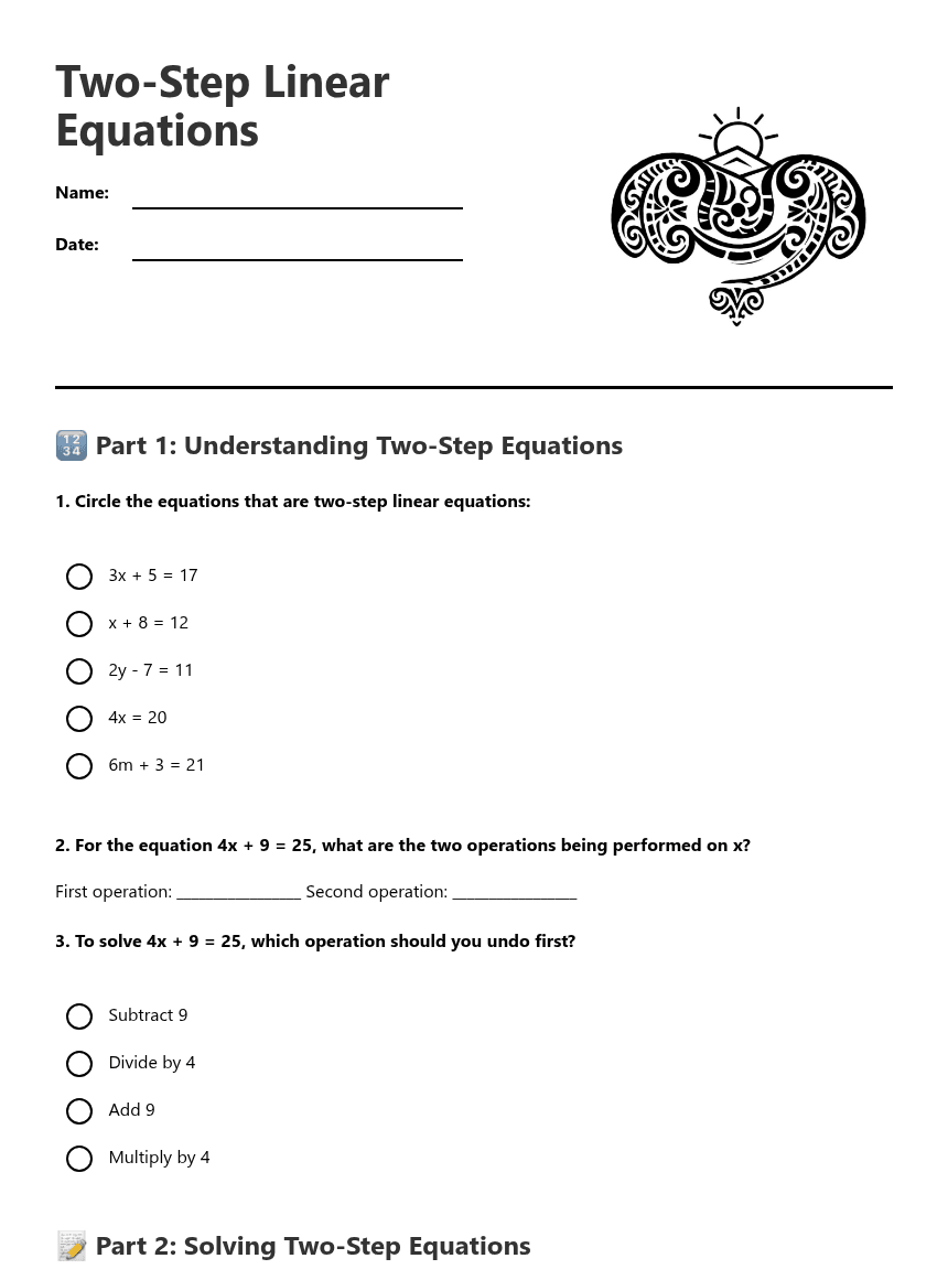 Two-Step Linear Equations worksheet preview
