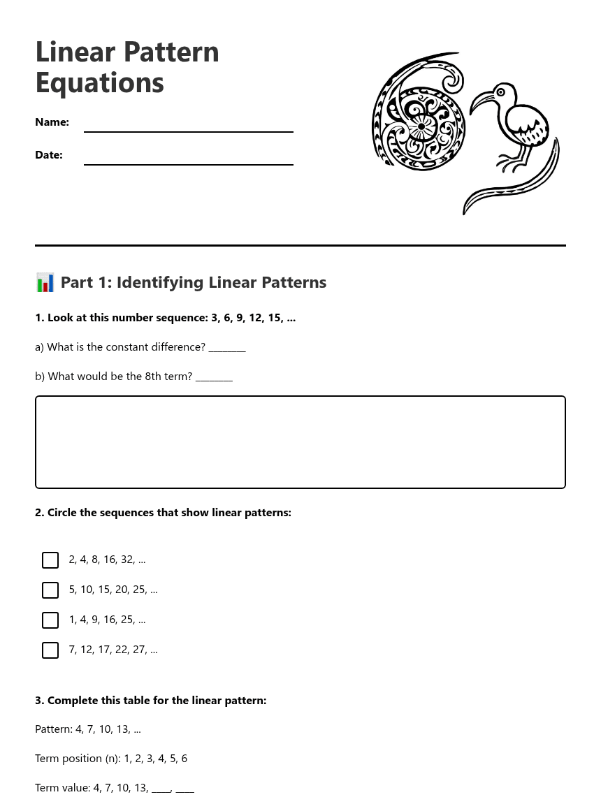 Linear Pattern Equations worksheet preview