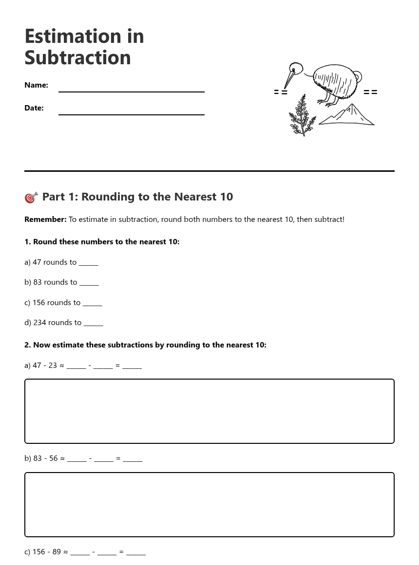 Estimation in Subtraction worksheet preview