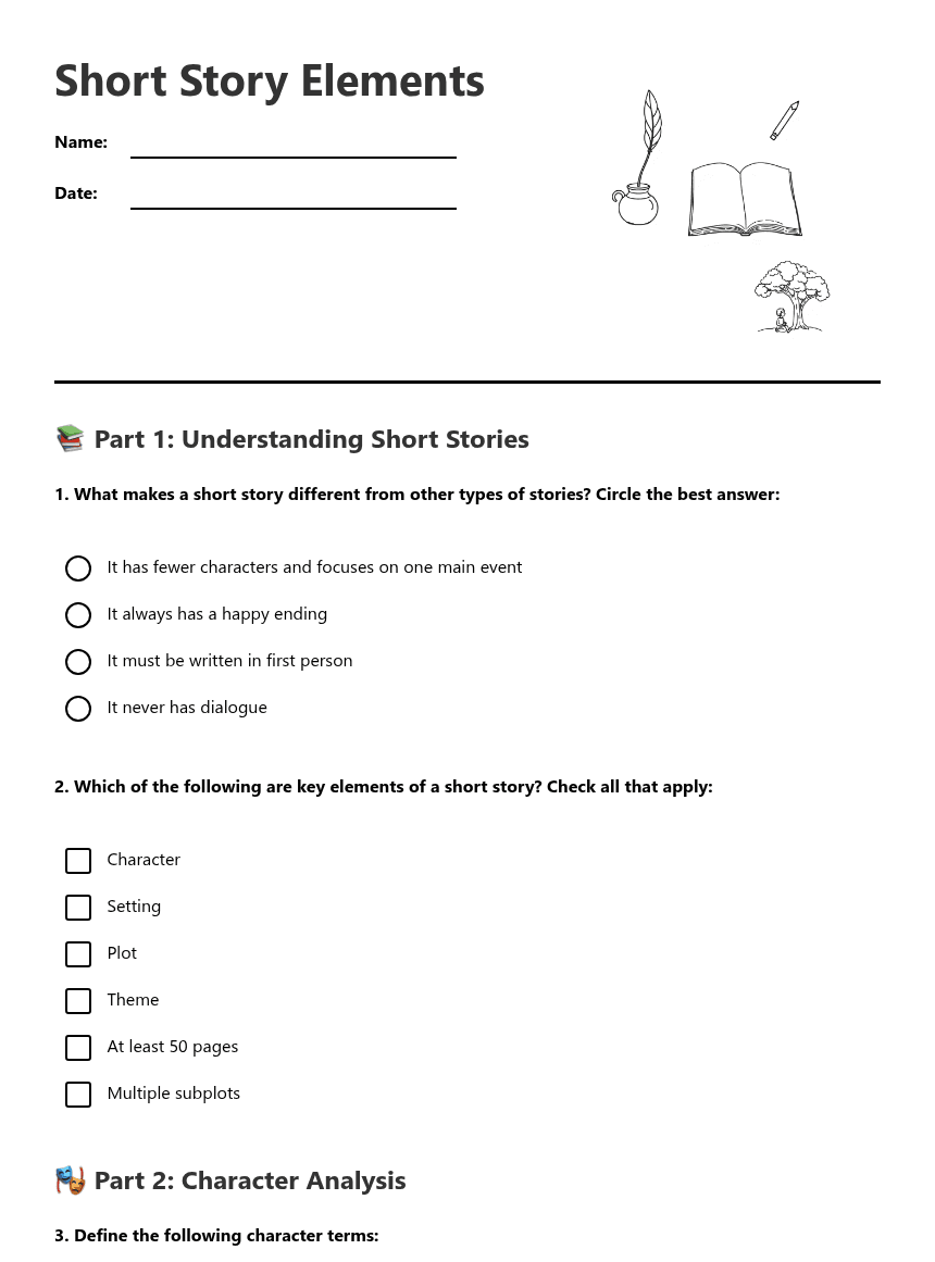 Short Story Elements worksheet preview