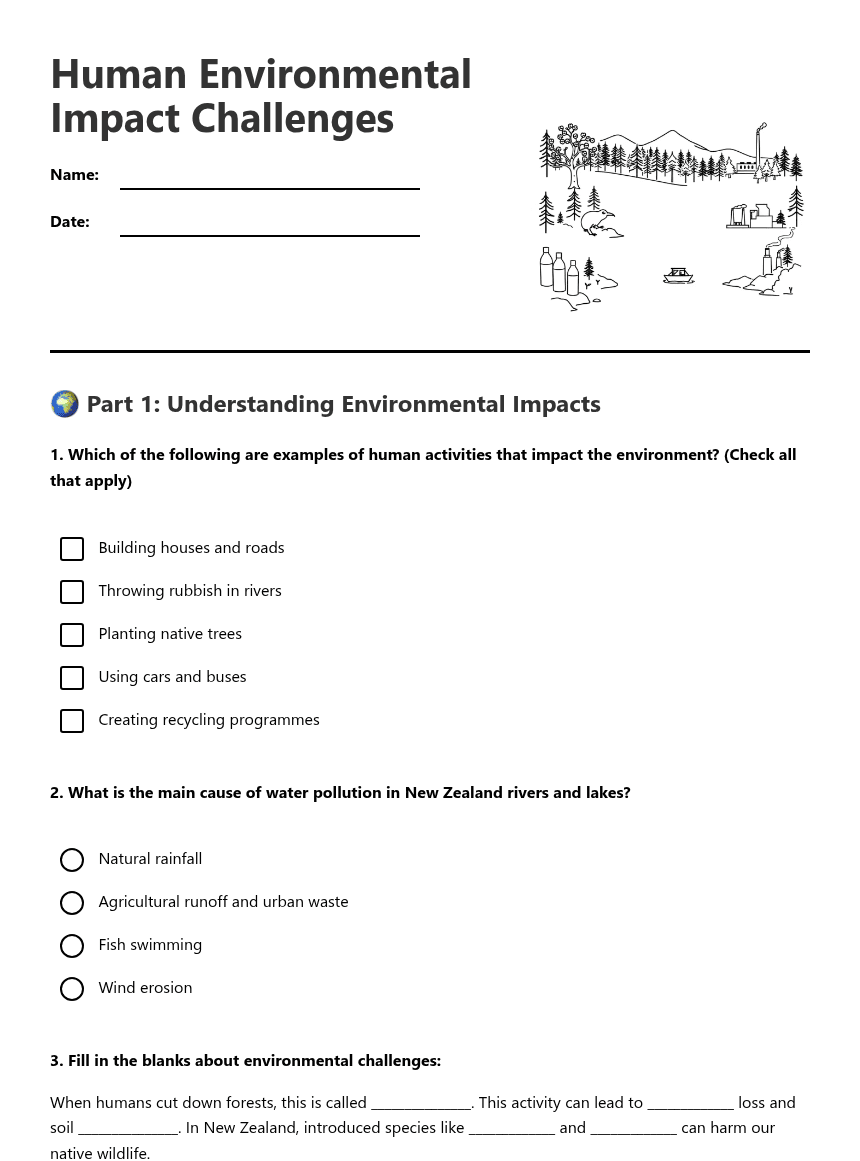 Human Environmental Impact Challenges worksheet preview
