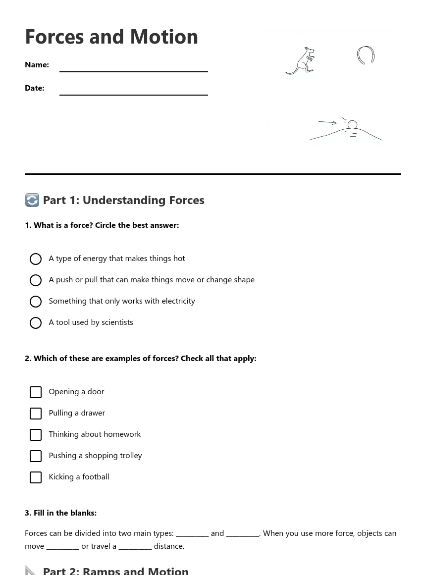 Forces and Motion worksheet preview