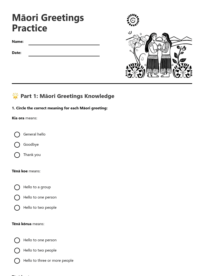 Māori Greetings Practice worksheet preview