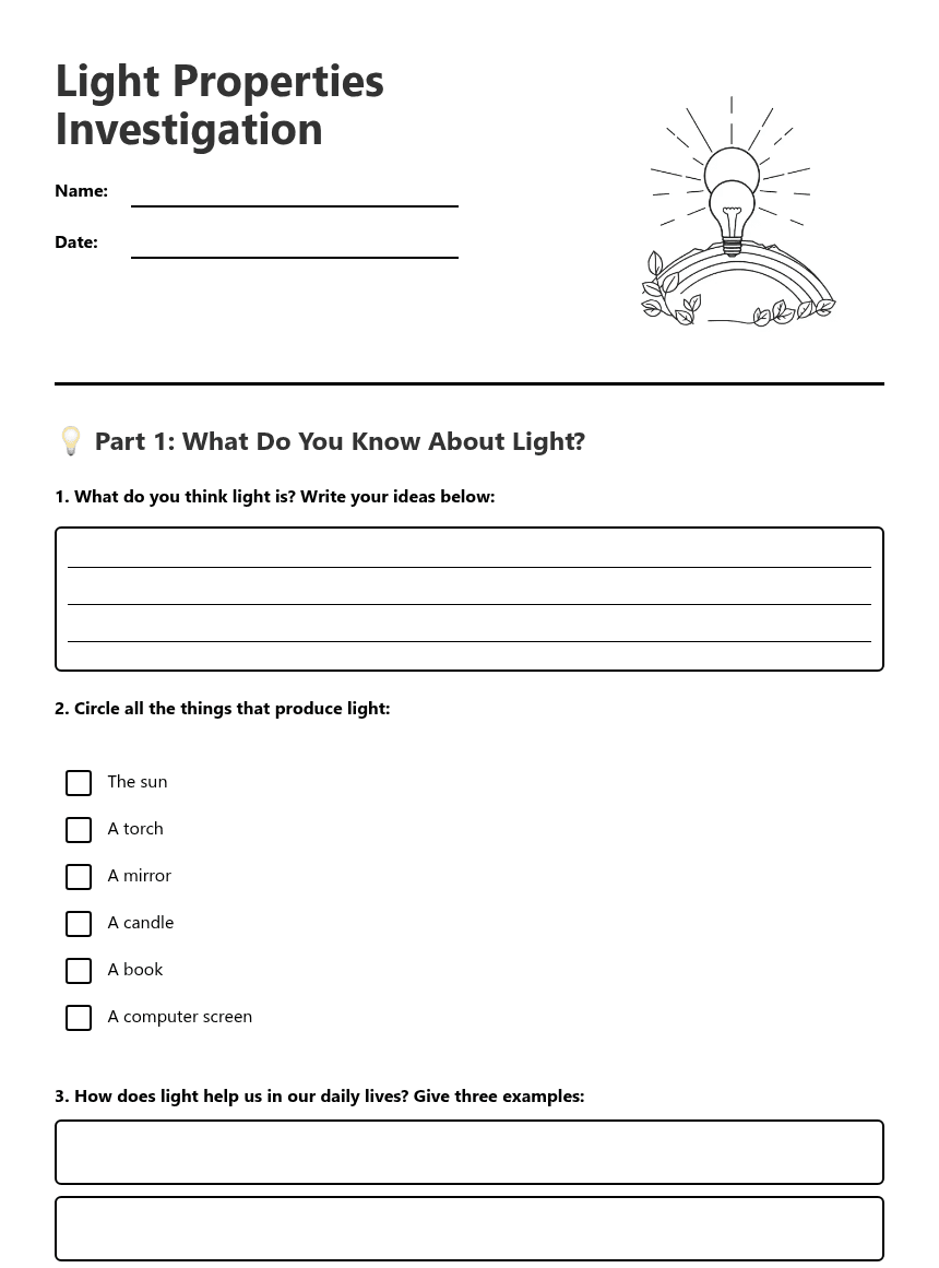 Light Properties Investigation worksheet preview
