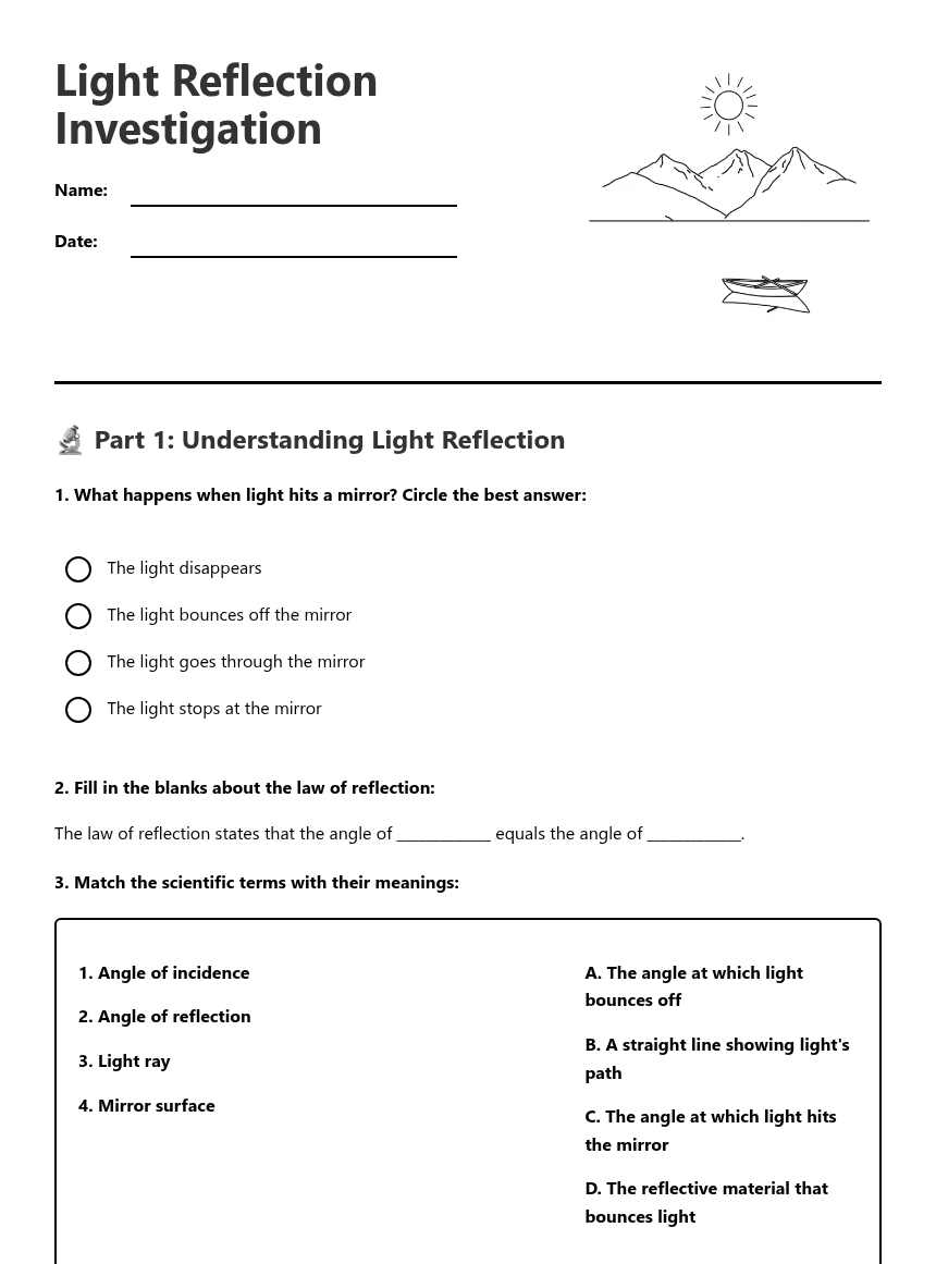 Light Reflection Investigation worksheet preview