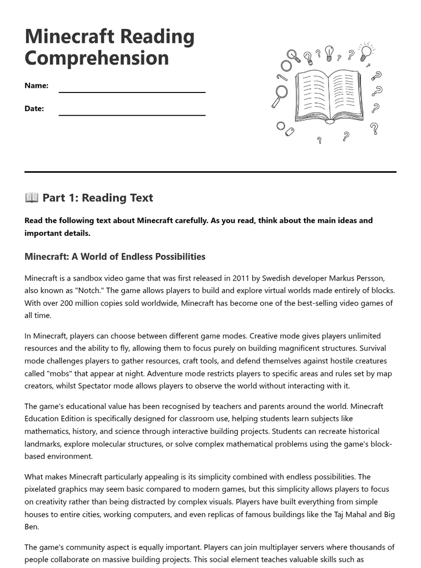 Minecraft Reading Comprehension