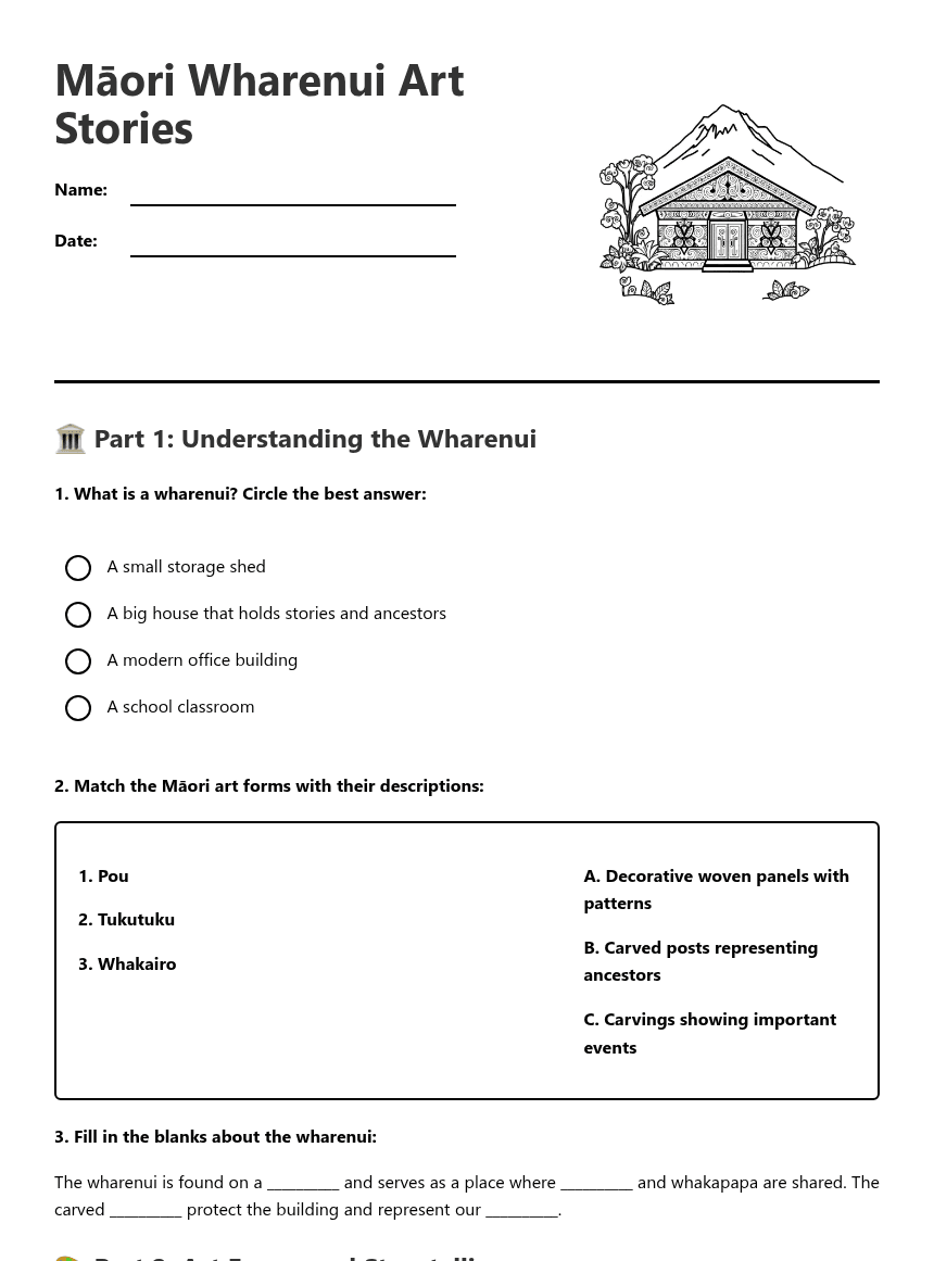 Māori Wharenui Art Stories worksheet preview