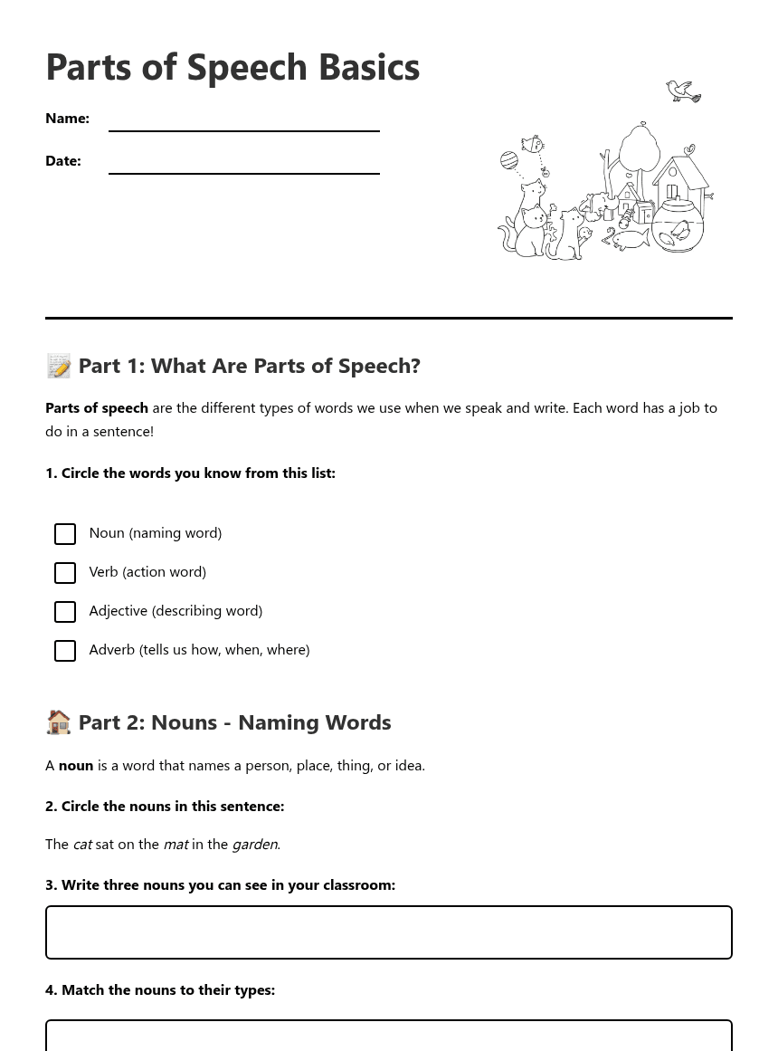 Parts of Speech Basics worksheet preview