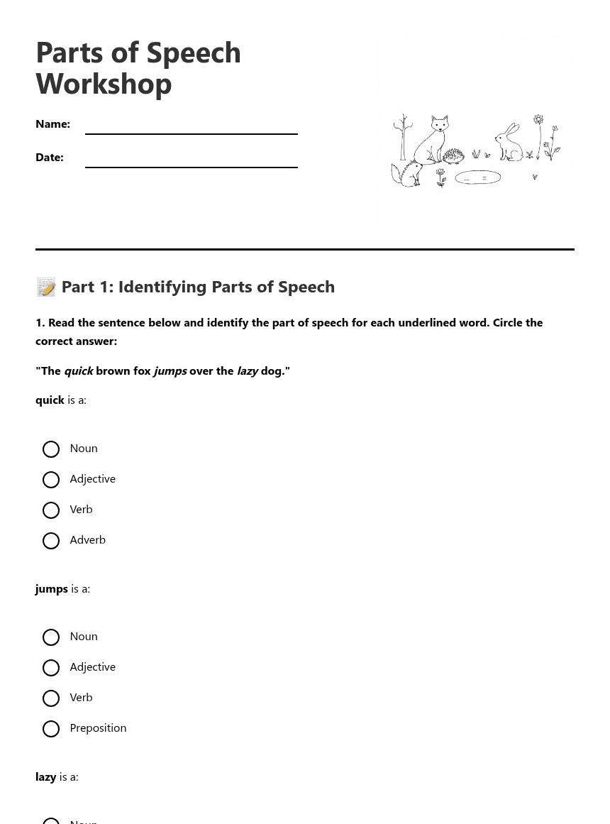 Parts of Speech Workshop worksheet preview