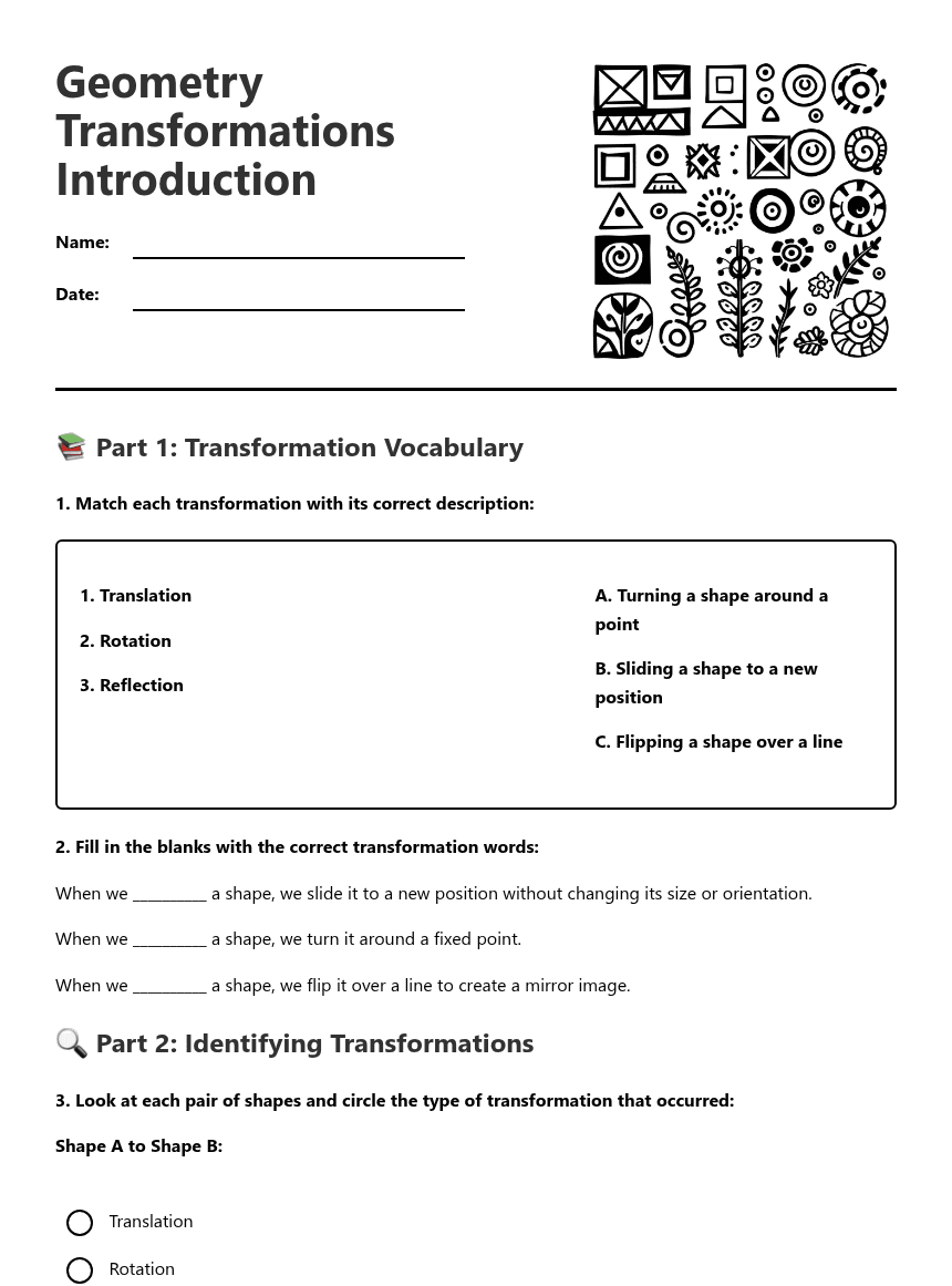 Geometry Transformations Introduction worksheet preview