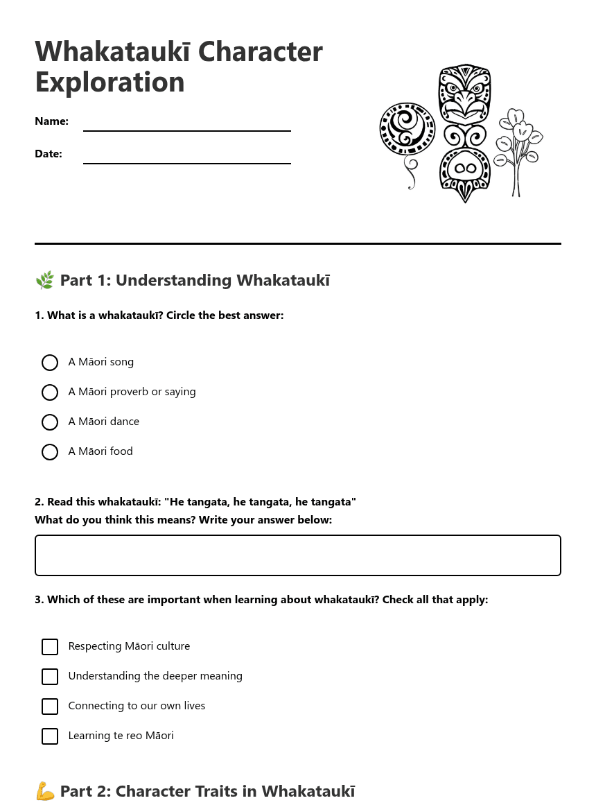 Whakataukī Character Exploration worksheet preview