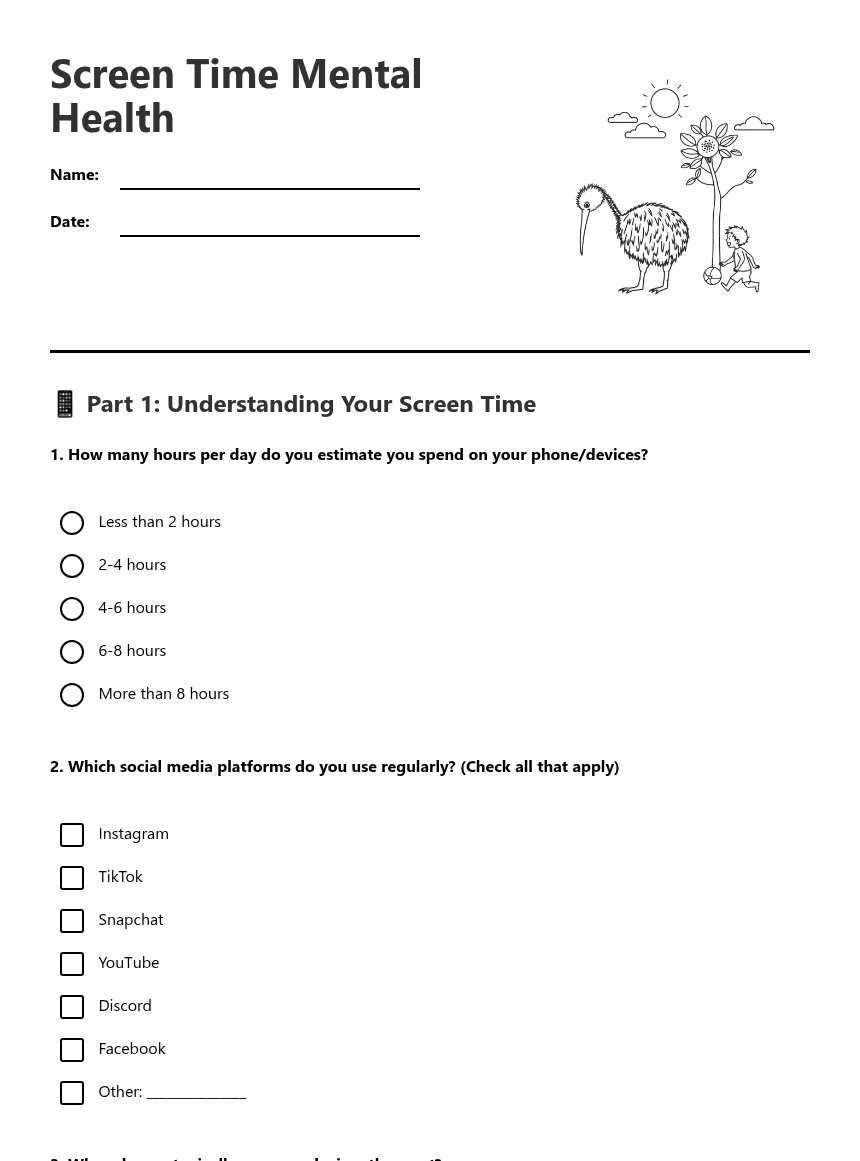 Screen Time Mental Health worksheet preview