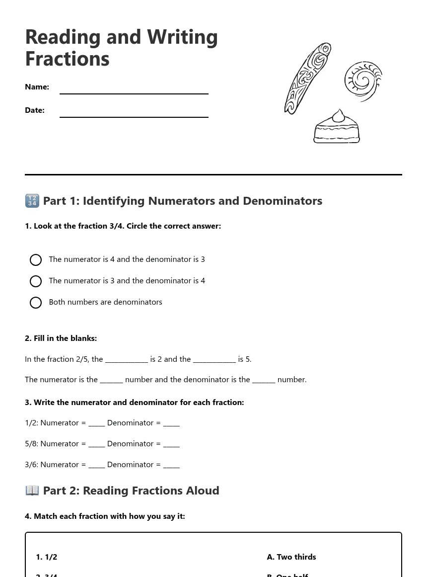 Reading and Writing Fractions worksheet preview