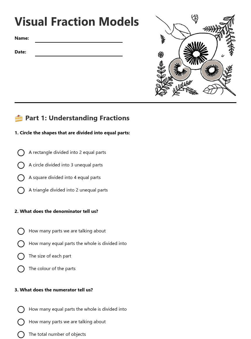 Visual Fraction Models worksheet preview