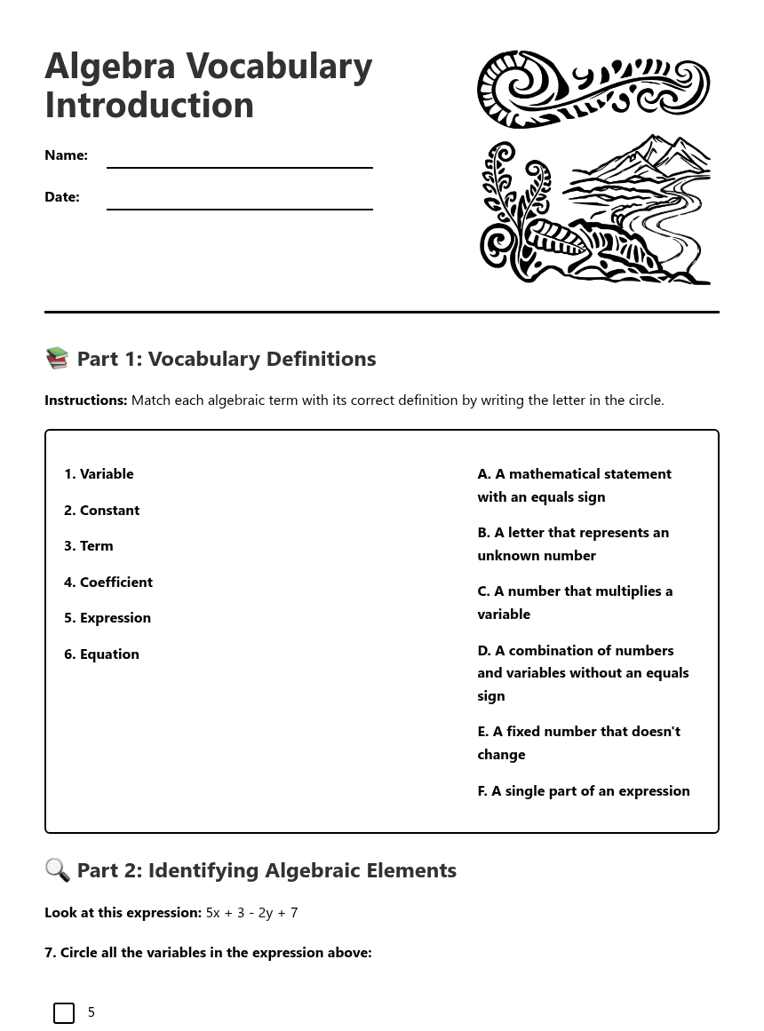 Algebra Vocabulary Introduction worksheet preview