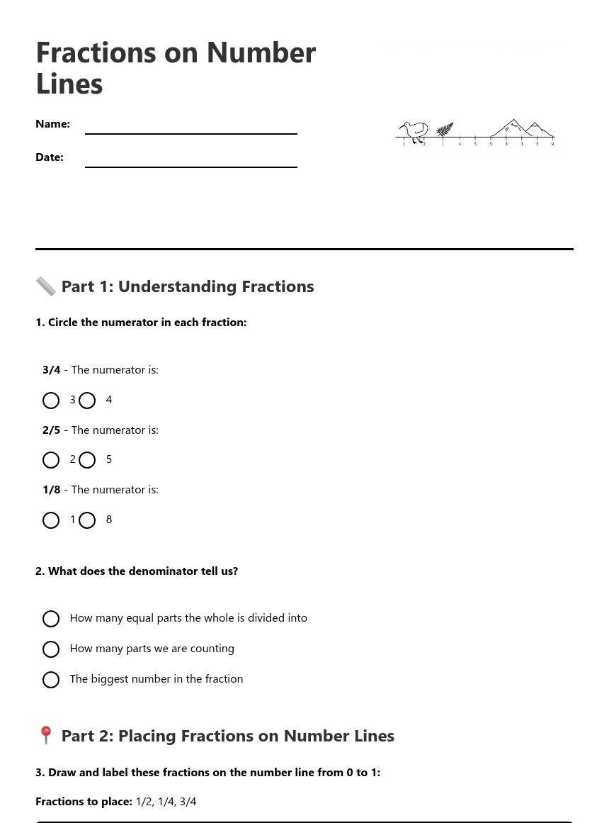 Fractions on Number Lines worksheet preview
