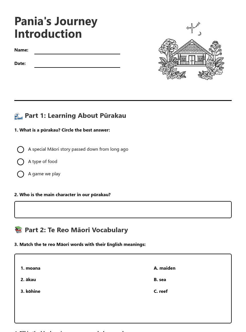 Pania's Journey Introduction worksheet preview