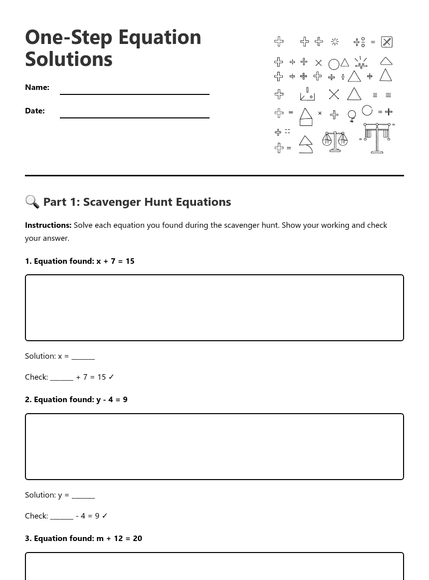 One-Step Equation Solutions worksheet preview