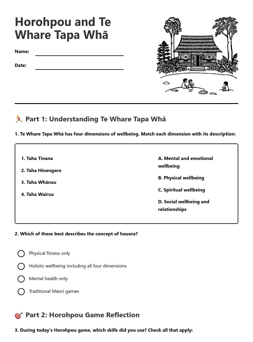Horohpou and Te Whare worksheet preview