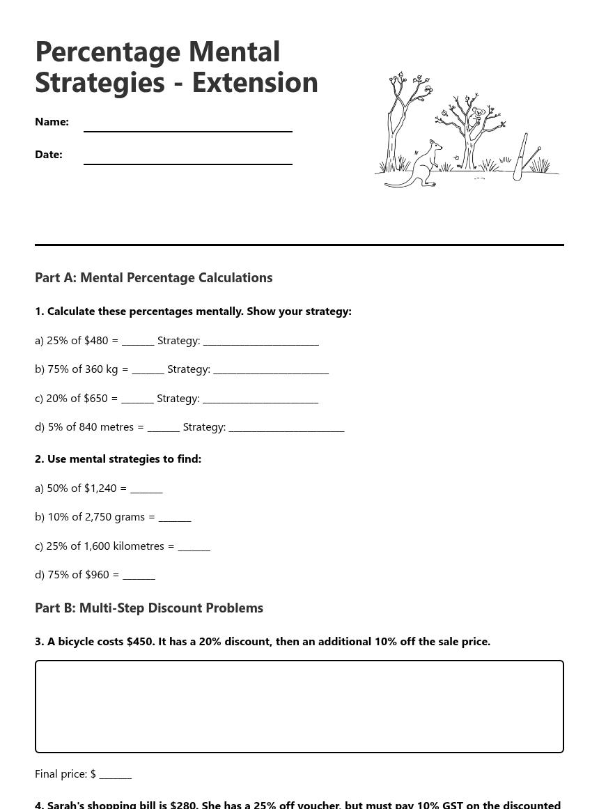 Percentage Mental Strategies worksheet preview