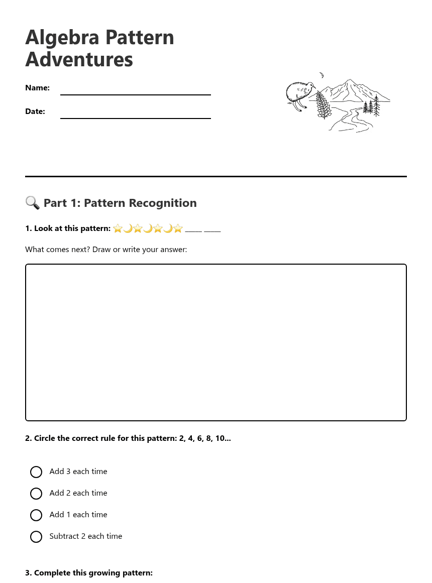 Algebra Pattern Adventures worksheet preview
