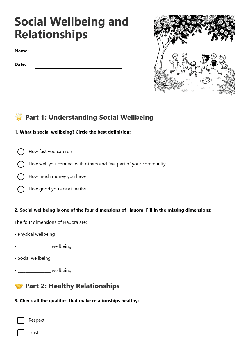Social Wellbeing and Relationships worksheet preview