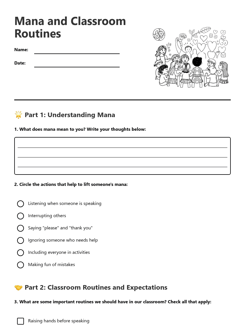 Mana and Classroom Routines worksheet preview
