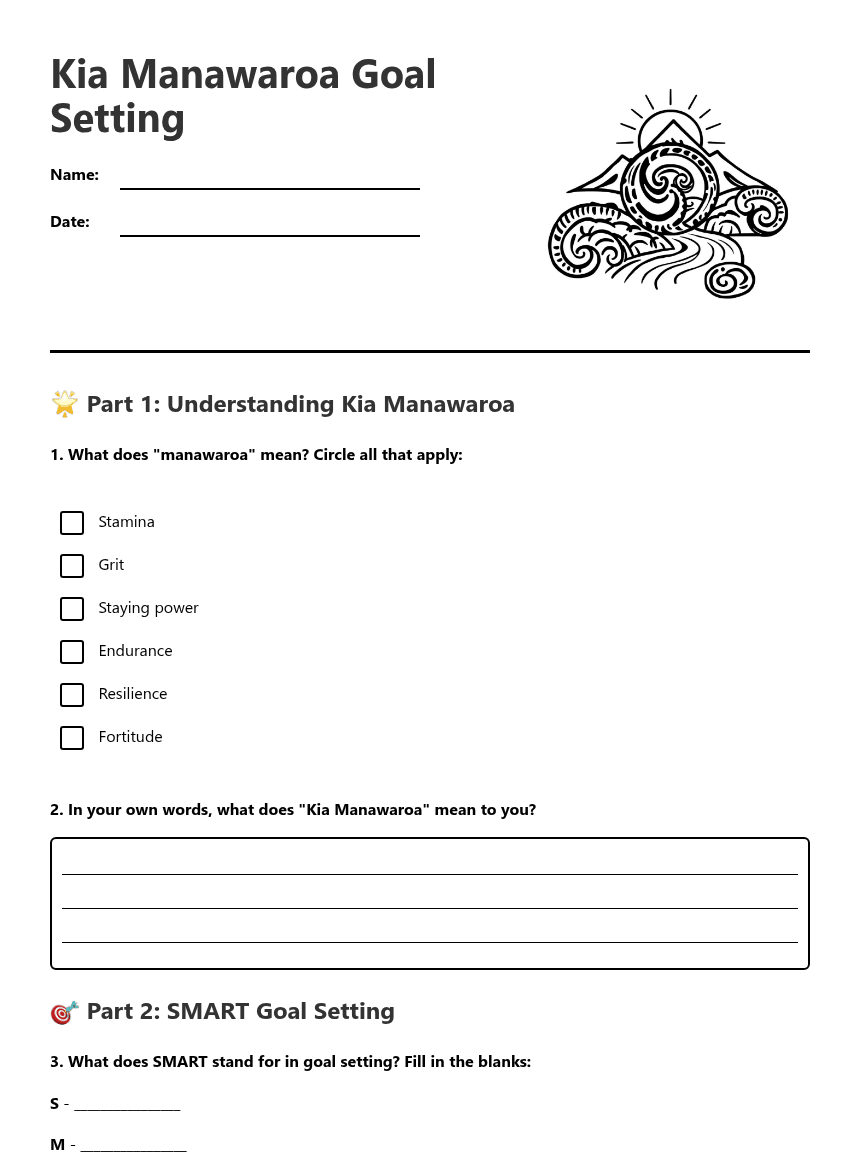 Kia Manawaroa Goal Setting worksheet preview