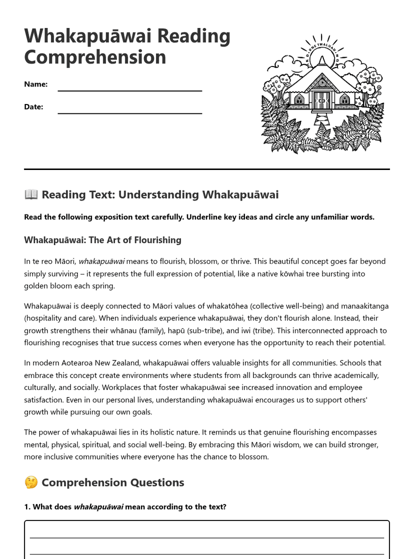 Whakapuāwai Reading Comprehension