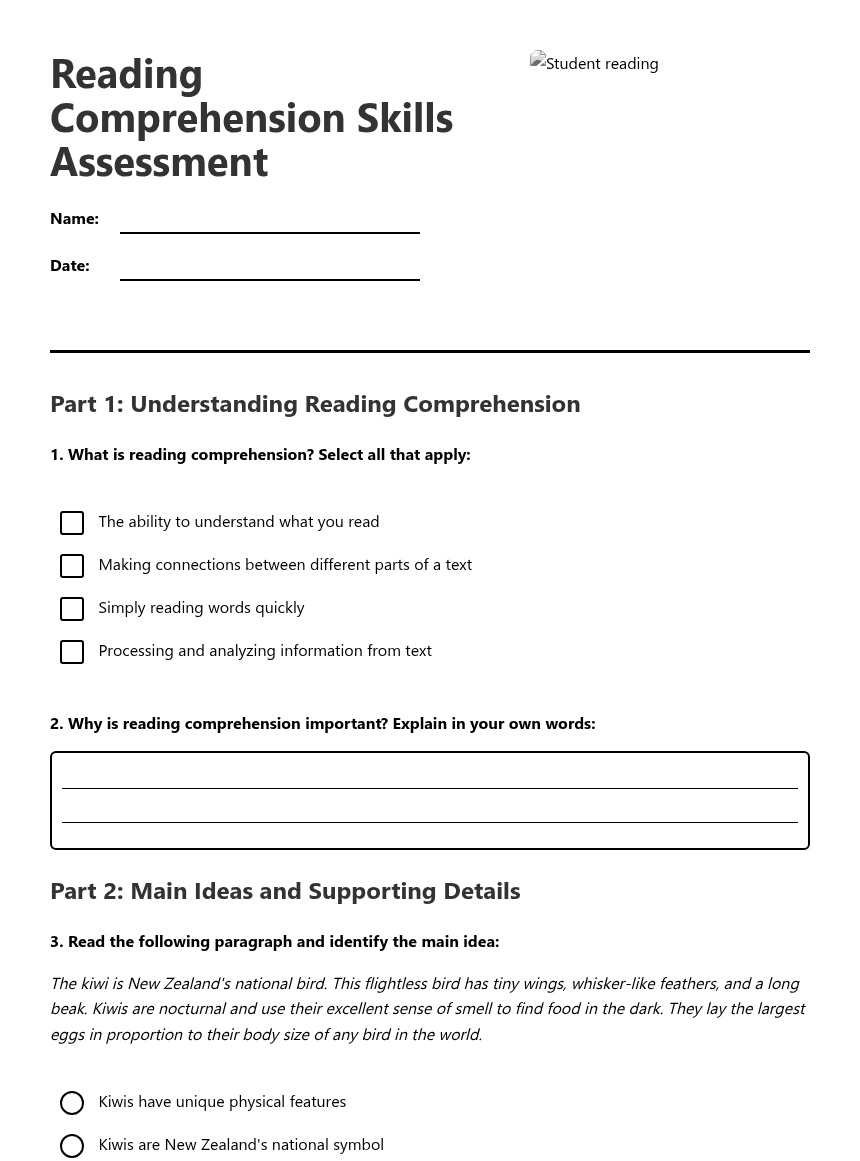 Reading Comprehension Skills Assessment worksheet preview