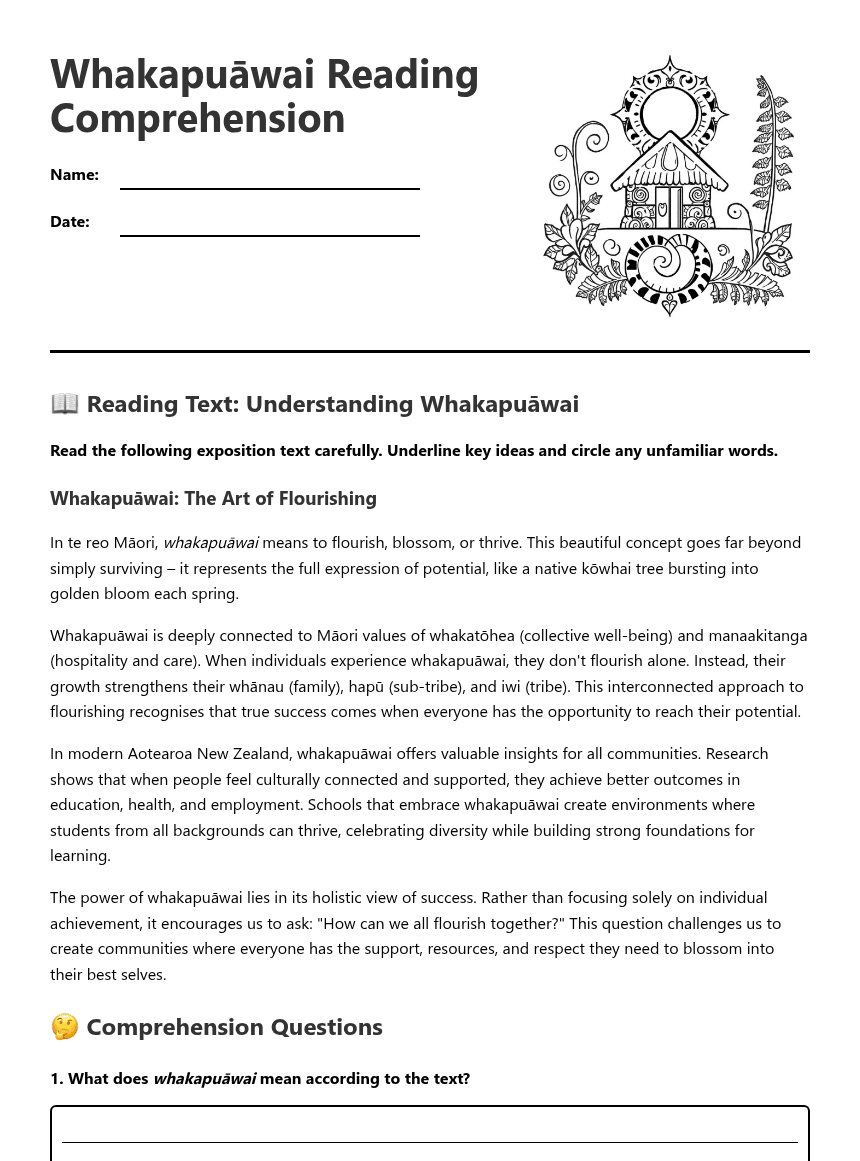 Whakapuāwai Reading Comprehension worksheet preview