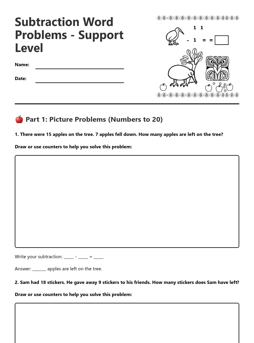 Subtraction Word Problems worksheet preview