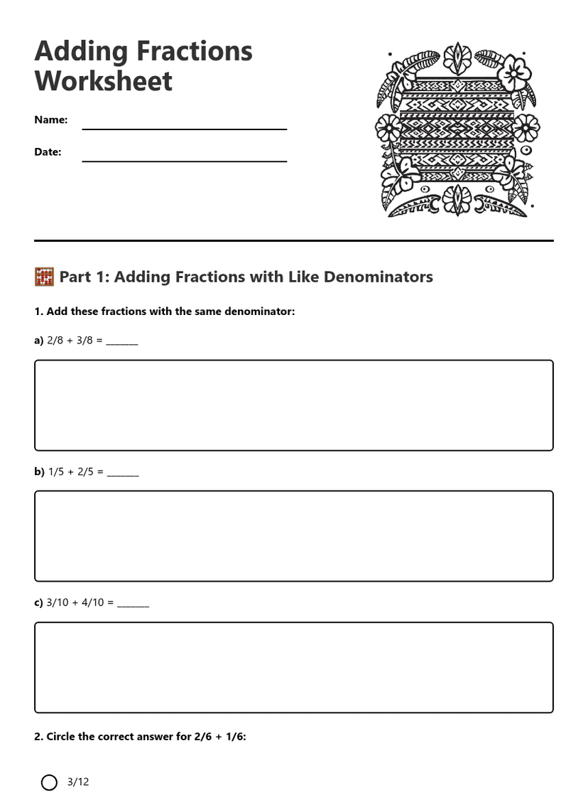 Adding Fractions Worksheet