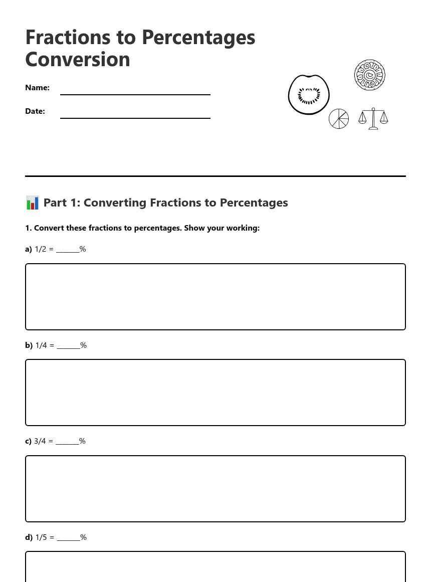 Fractions to Percentages Conversion worksheet preview