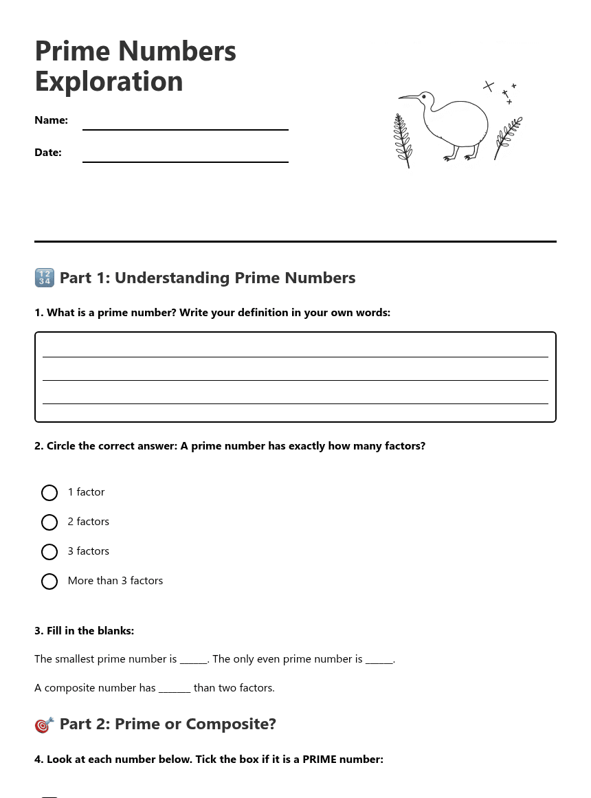 Prime Numbers Exploration worksheet preview