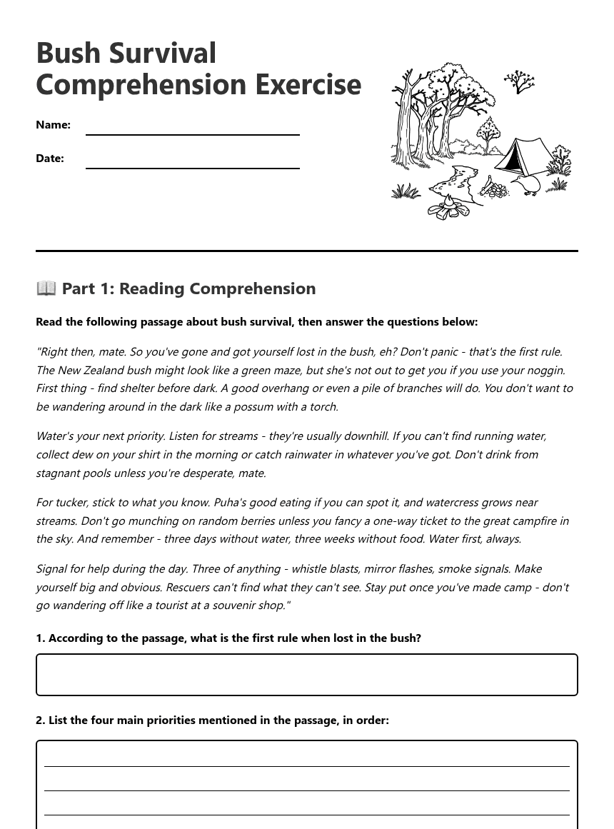 Bush Survival Comprehension Exercise worksheet preview