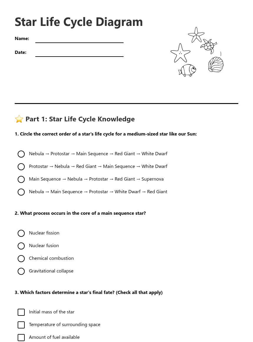 Star Life Cycle Diagram worksheet preview