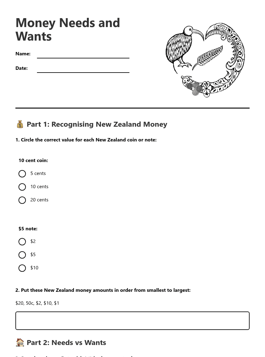 Money Needs and Wants worksheet preview